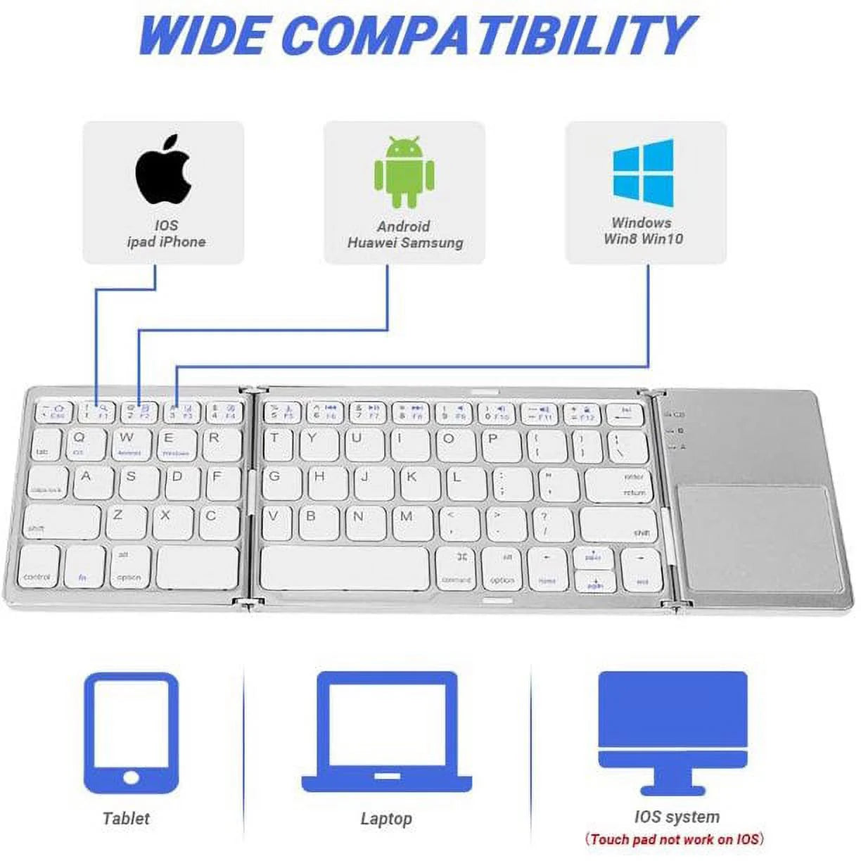 Foldable Bluetooth Keyboard, Tri- Folding Portable Wireless Keyboard with Touchpad, USB Rechargable BT Wireless Keyboard for Android, Windows System Laptop Tablet Smartphone Device(Gray)