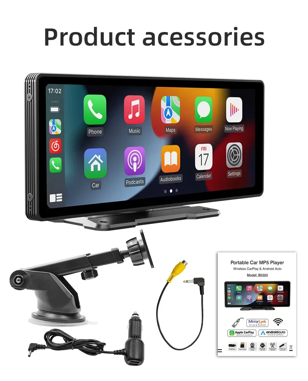 10.26 Inch Car Monitor Wireless Carplay /Android-Auto HD Screen Camera Bluetooth FM Transmitter USB TF Video Player