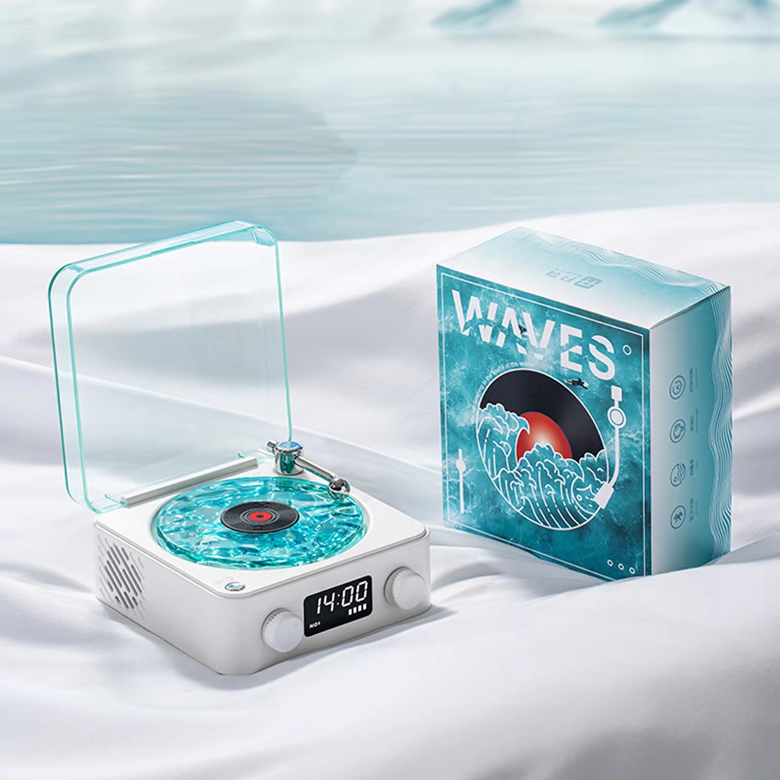 Waves Vinyl Player Bluetooth Speaker with White Noise Retro Turntable Speaker Sleep Aid Vitrola Shaped Speaker with RGB Light