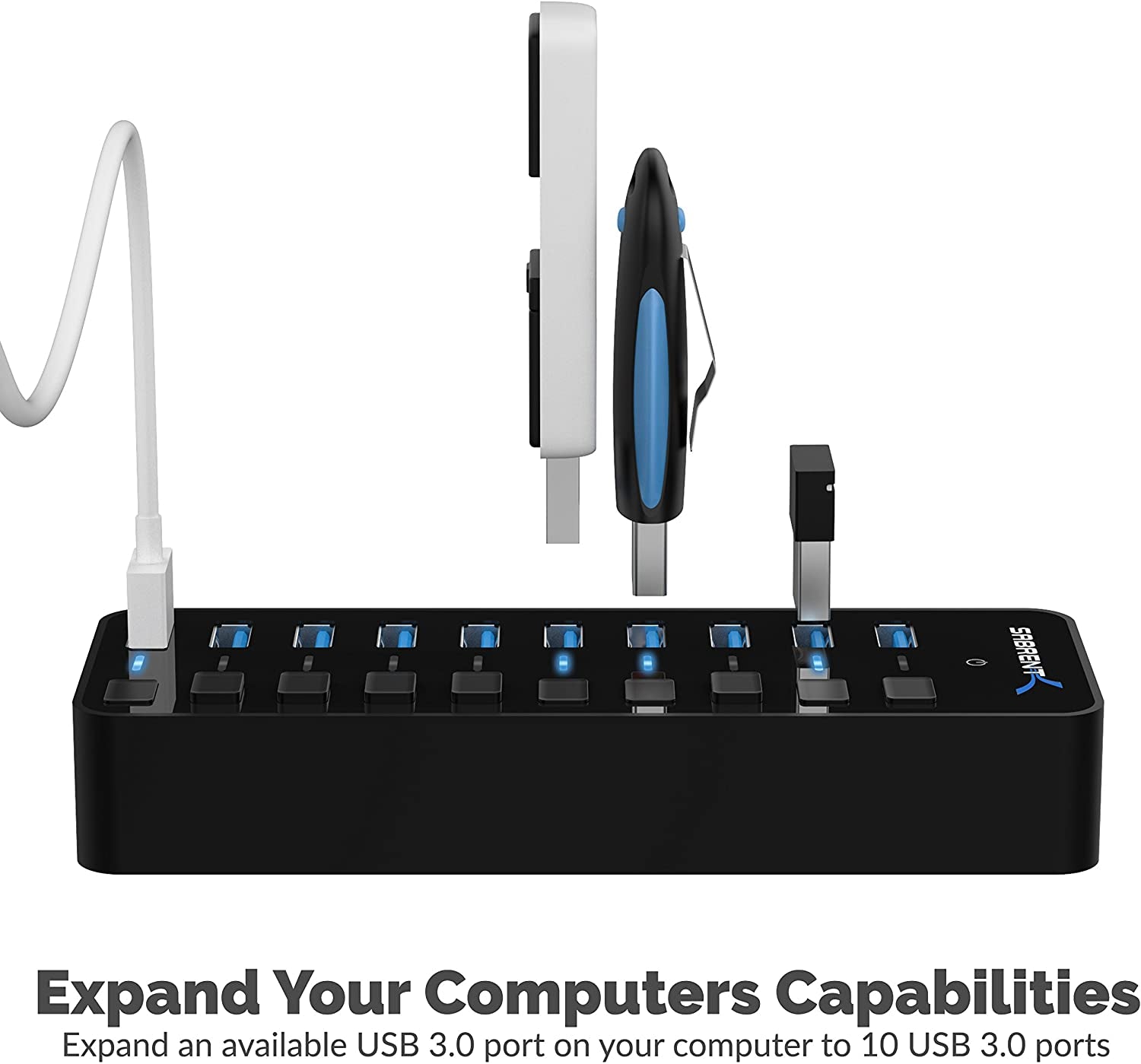 10-Port 60W USB 3.0 Hub with Individual Power Switches and Leds Includes 60W 12V/5A Power Adapter (HB-BU10)