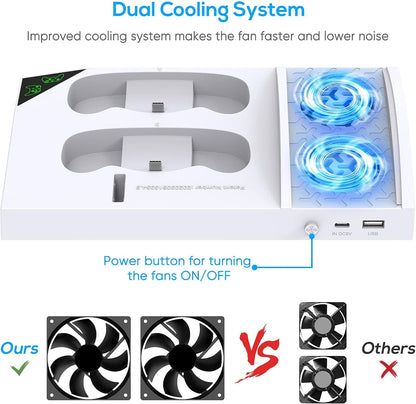 Charger Stand with Cooling Fan for Xbox Series S Console and Controller,Vertical Dual Charging Dock Accessories with 2 X 1400Mah Rechargeable Battery and Cover, Earphone Bracket for XSS